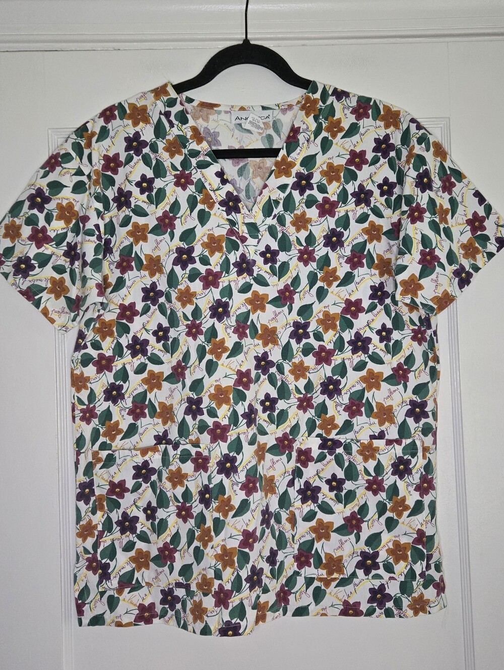 Angelica Floral Scrub Top Womens White Green Purple Orange Short Sleeve Top